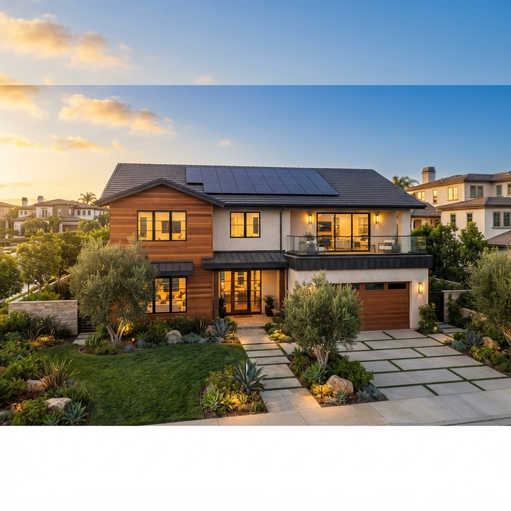 Modern California home with rooftop solar panels at dusk